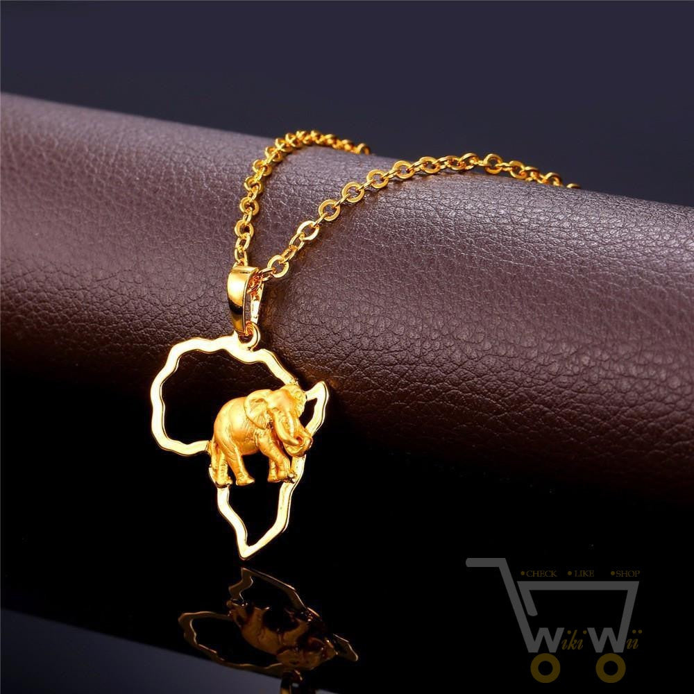 18k Gold Plated African Map Elephant Necklace - WikiWii
