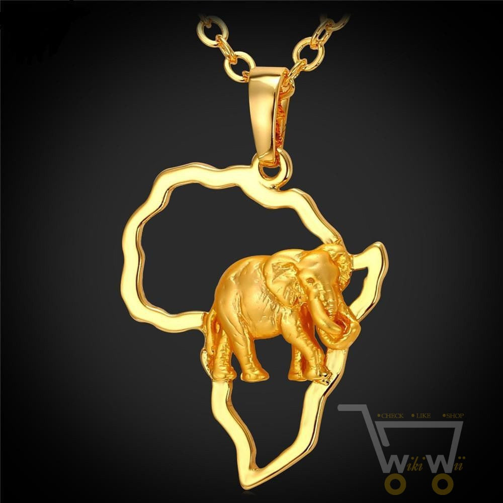 18k Gold Plated African Map Elephant Necklace - WikiWii