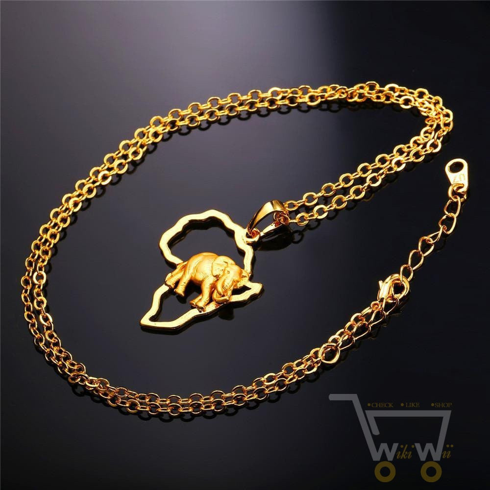 18k Gold Plated African Map Elephant Necklace - WikiWii
