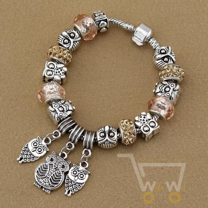 Antique Silver Crystal Beads Owl Bracelet - WikiWii