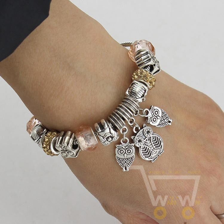 Antique Silver Crystal Beads Owl Bracelet - WikiWii