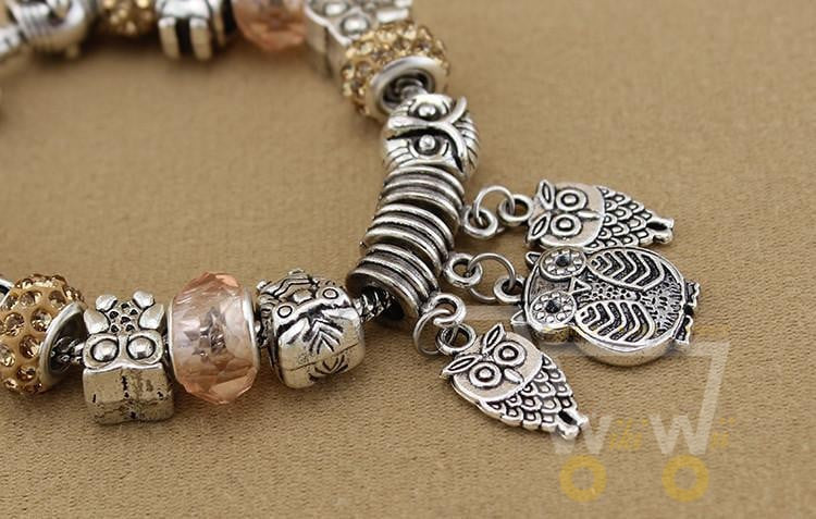 Antique Silver Crystal Beads Owl Bracelet - WikiWii