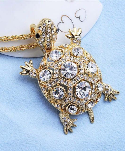 18K Gold Plated Rhinestones Filled Turtle Pendant Necklace - WikiWii