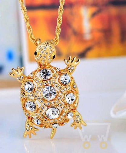 18K Gold Plated Rhinestones Filled Turtle Pendant Necklace - WikiWii