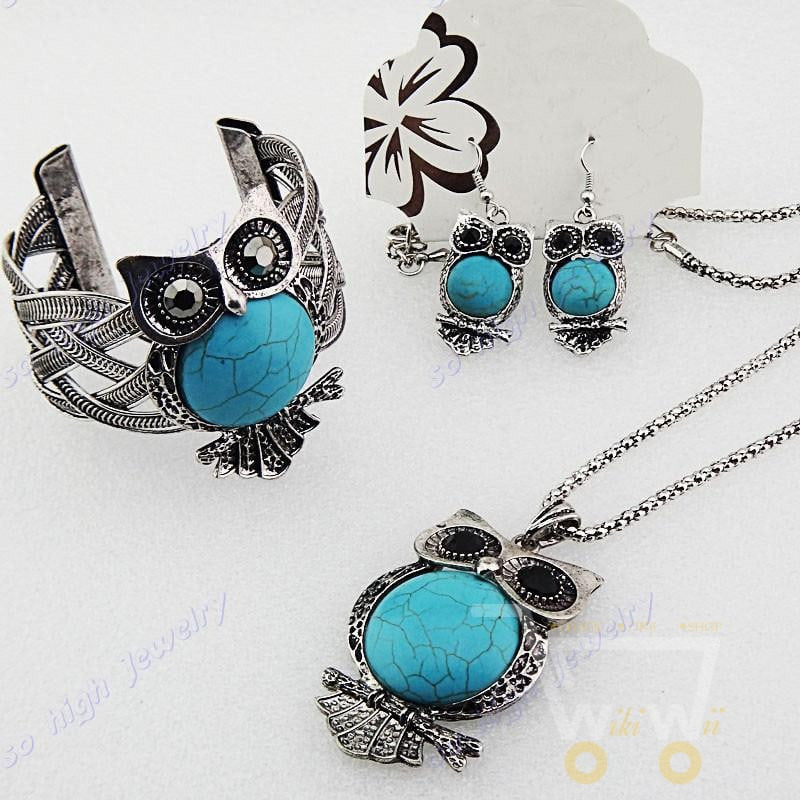 Antique Silver Plated Turquoise Rhinestones Owl Necklace & Earrings & Bracelet - WikiWii