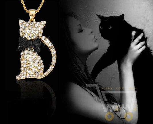 18K Gold Long Cristal Cat Necklace - WikiWii