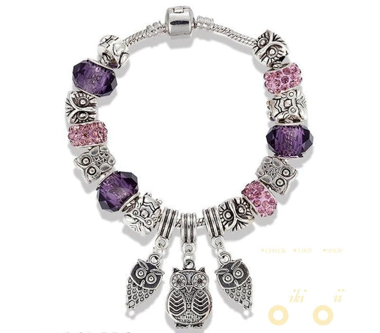 Antique Silver Crystal Beads Owl Bracelet - WikiWii