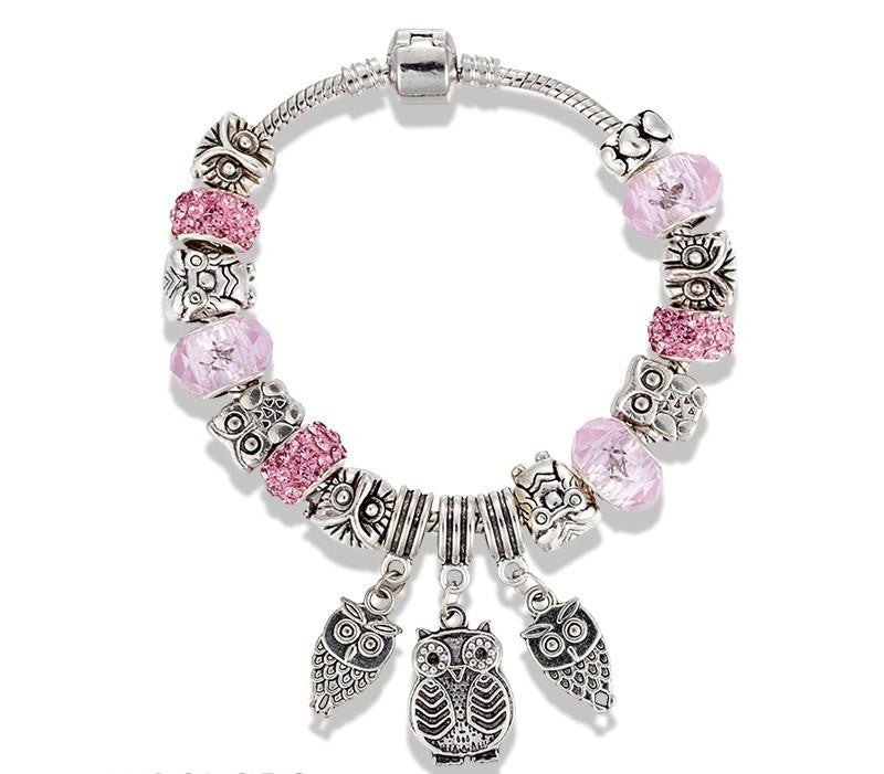 Antique Silver Crystal Beads Owl Bracelet - WikiWii