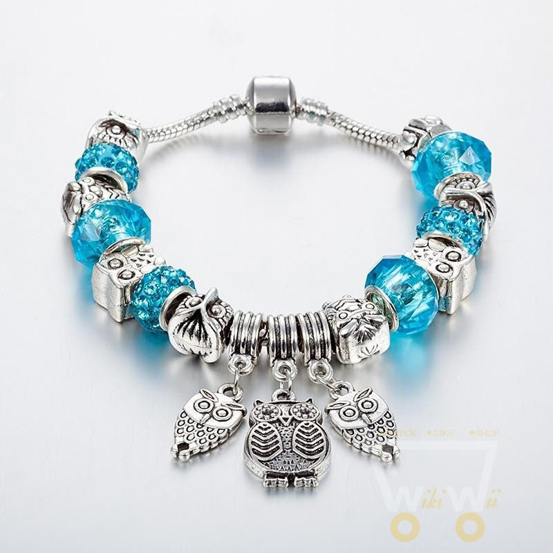 Antique Silver Crystal Beads Owl Bracelet - WikiWii