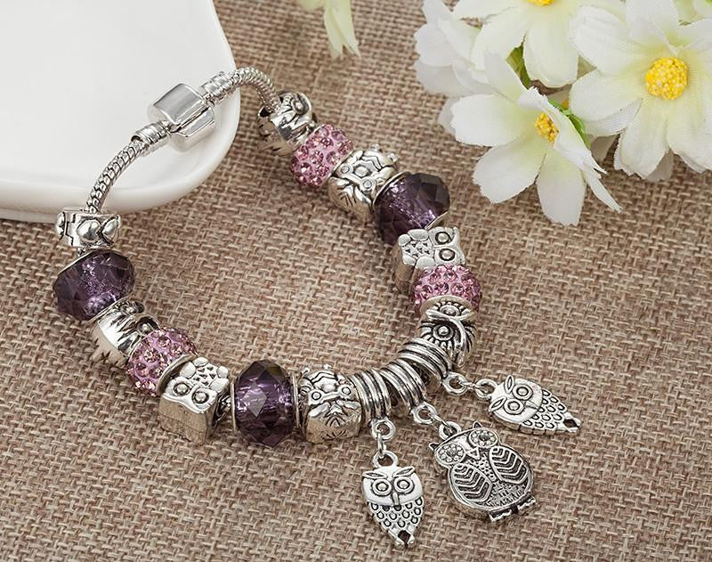 Antique Silver Crystal Beads Owl Bracelet - WikiWii