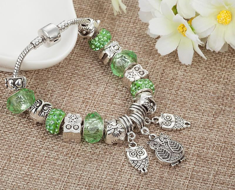 Antique Silver Crystal Beads Owl Bracelet - WikiWii