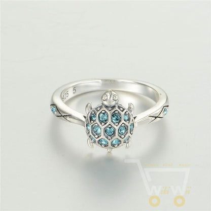 925 Silver Blue Stone Turtle Ring - WikiWii