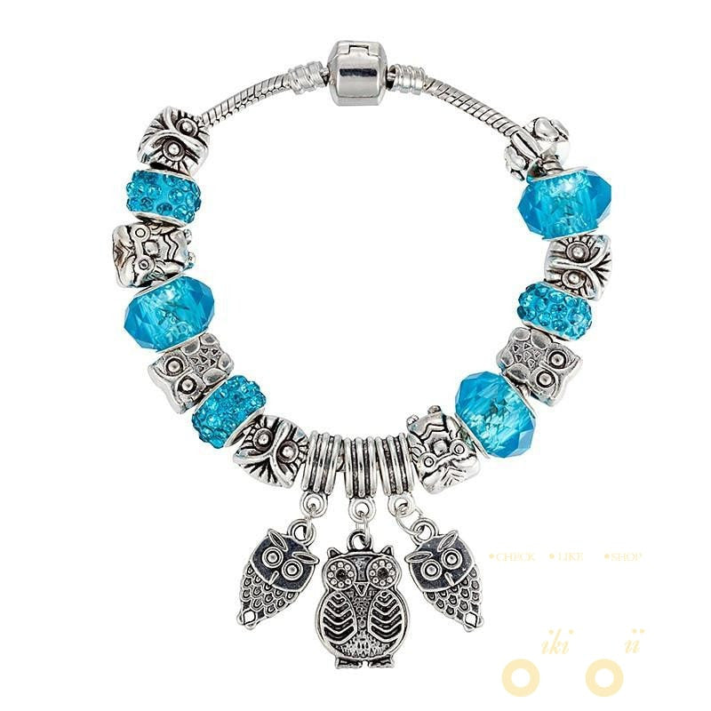 Antique Silver Crystal Beads Owl Bracelet - WikiWii