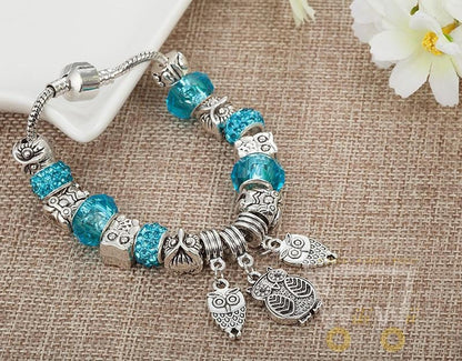 Antique Silver Crystal Beads Owl Bracelet - WikiWii