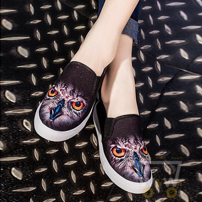 3D Owl printing shoes Casual Flat shoes 2 color Black / White - WikiWii