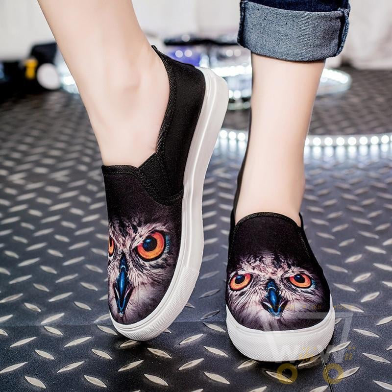 3D Owl printing shoes Casual Flat shoes 2 color Black / White - WikiWii