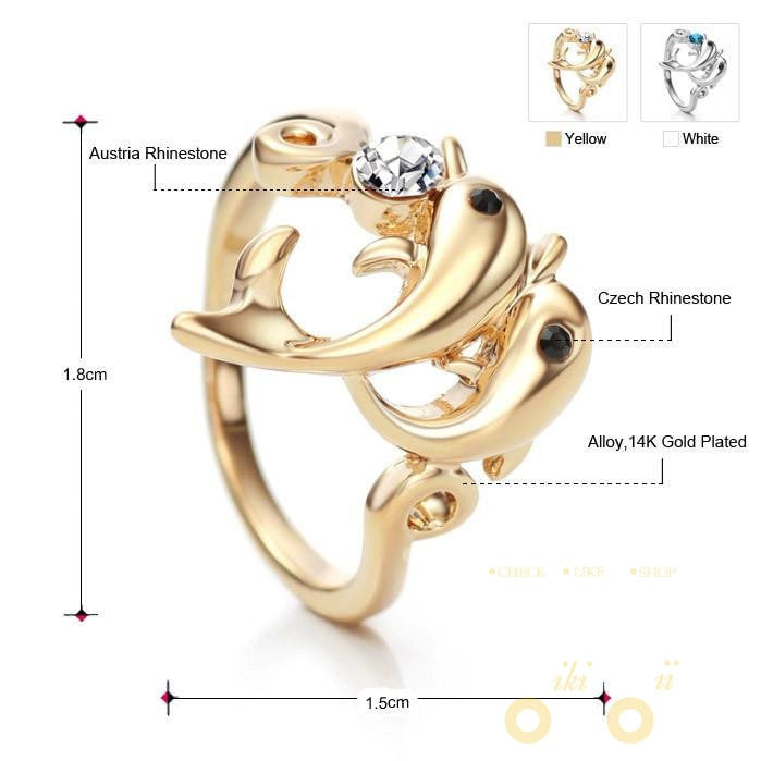 Austria Rhinestone 14k Gold Plated Fashion Dolphin Animal Rings - WikiWii