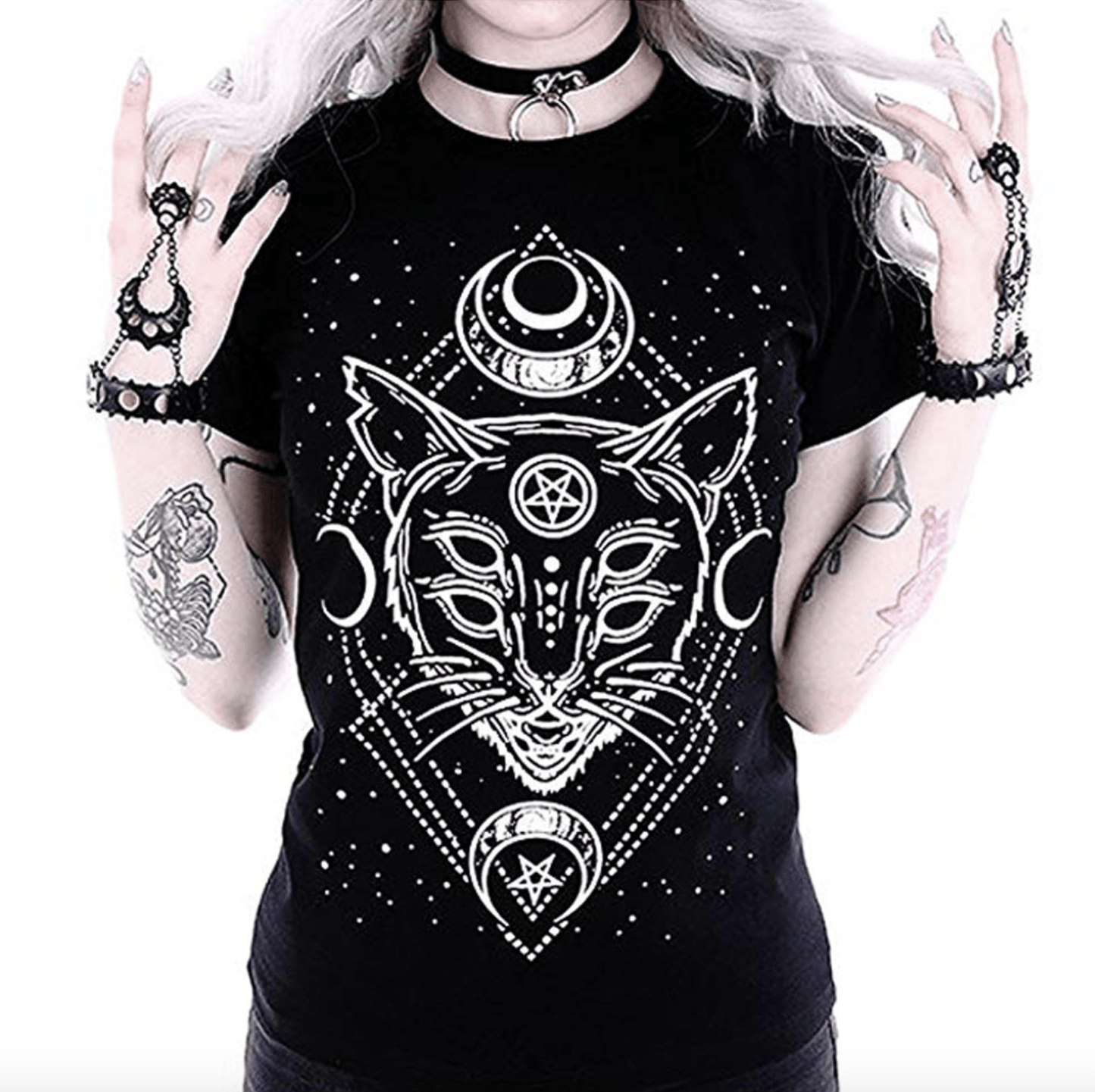 Star Punk Gothic Cat Black T-Shirt - WikiWii