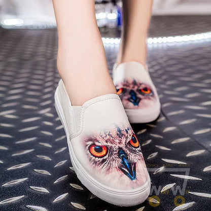 3D Owl printing shoes Casual Flat shoes 2 color Black / White - WikiWii