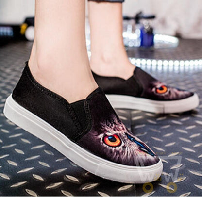 3D Owl printing shoes Casual Flat shoes 2 color Black / White - WikiWii