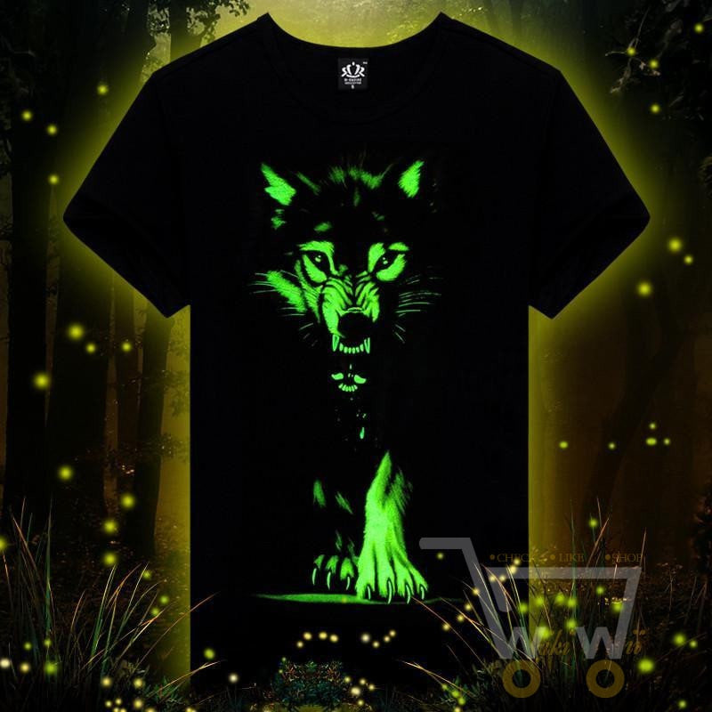 3D Glow in the Dark Wolf Printed T-Shirt - WikiWii