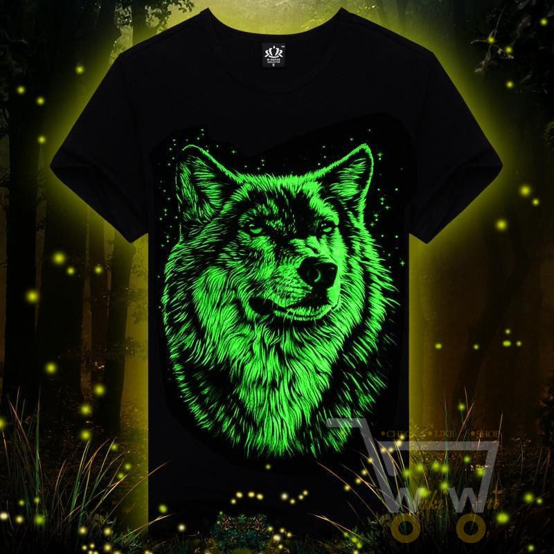 3D Glow in the Dark Wolf Printed T-Shirt - WikiWii