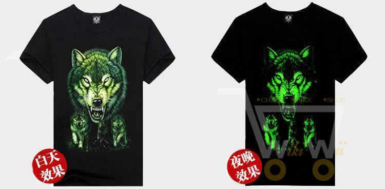 3D Glow in the Dark Wolf Printed T-Shirt - WikiWii