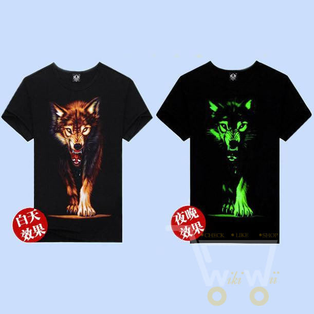 3D Glow in the Dark Wolf Printed T-Shirt - WikiWii