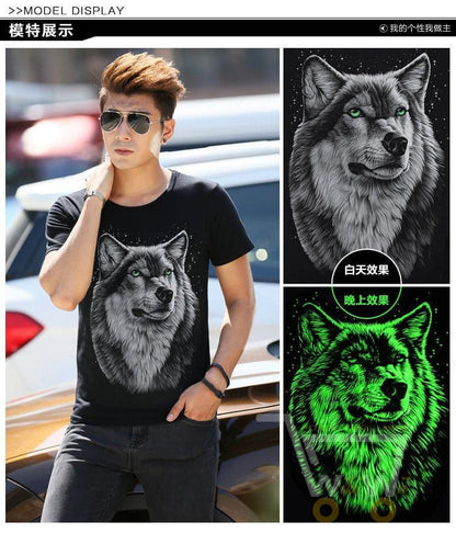 3D Glow in the Dark Wolf Printed T-Shirt - WikiWii