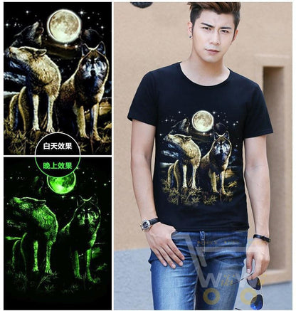 3D Glow in the Dark Wolf Printed T-Shirt - WikiWii