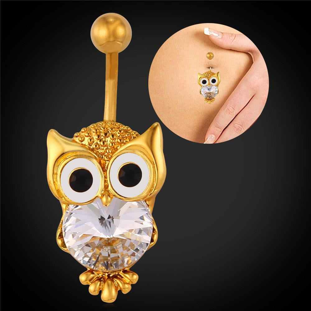 18K Gold Plated / Platinum Plated Owl Belly Button Ring - WikiWii