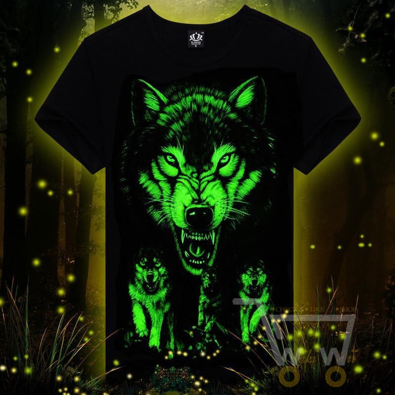 3D Glow in the Dark Wolf Printed T-Shirt - WikiWii