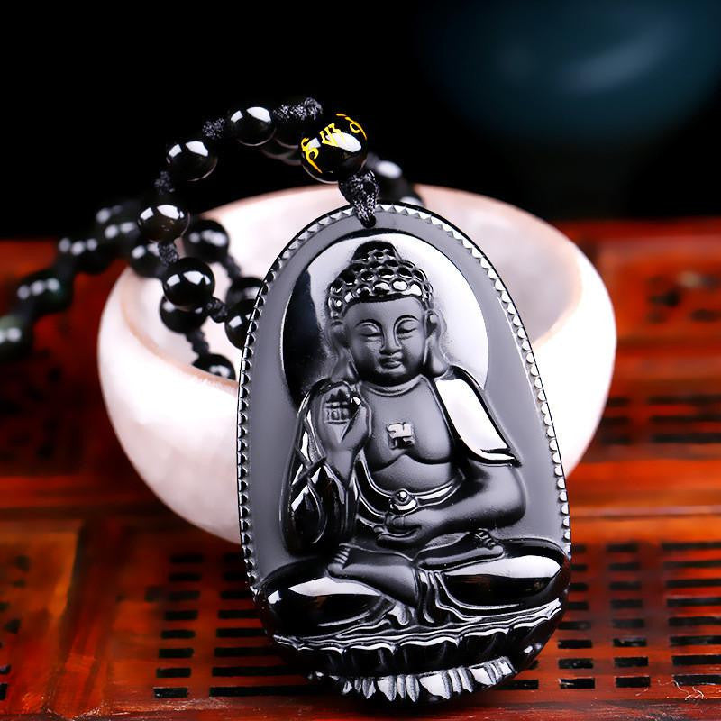 Black Obsidian Stone Buddha Necklace - WikiWii