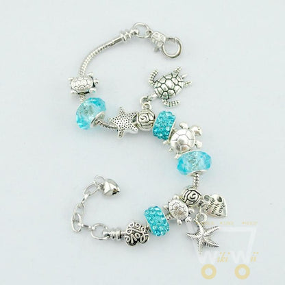 Blue Glass/Crystal Starfish sea turtle beach style bracelet - WikiWii