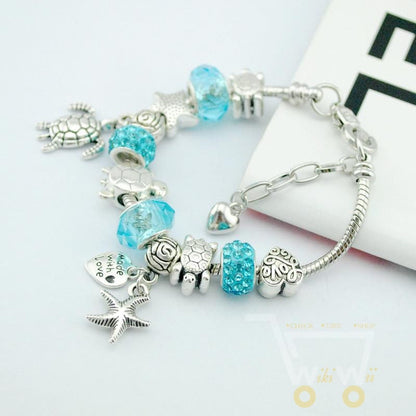 Blue Glass/Crystal Starfish sea turtle beach style bracelet - WikiWii