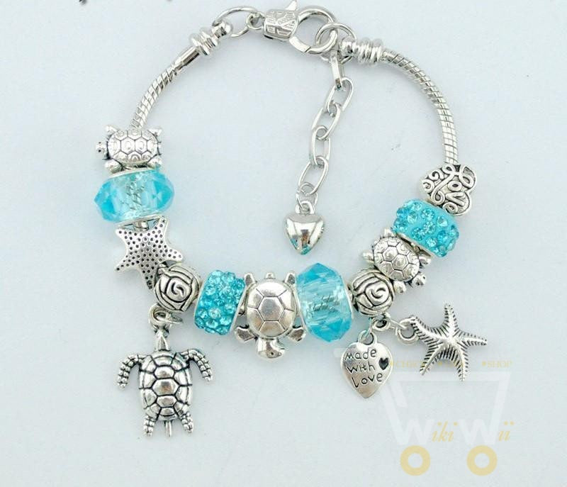 Blue Glass/Crystal Starfish sea turtle beach style bracelet - WikiWii