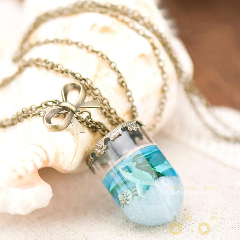 Blue Sea Glass Bottle Necklace - WikiWii