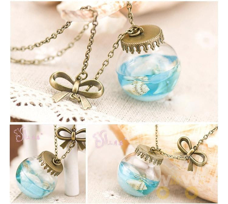 Blue Sea Glass Bottle Necklace - WikiWii