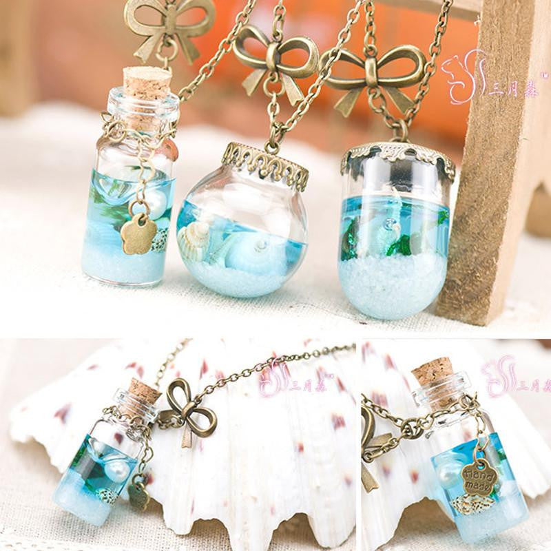 Blue Sea Glass Bottle Necklace - WikiWii