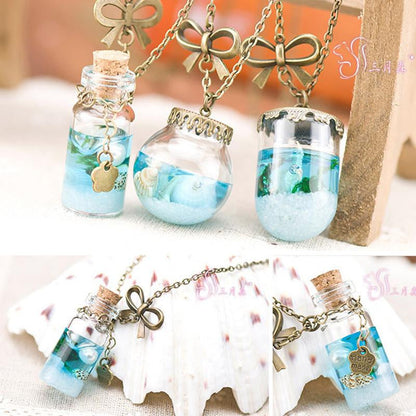 Blue Sea Glass Bottle Necklace - WikiWii