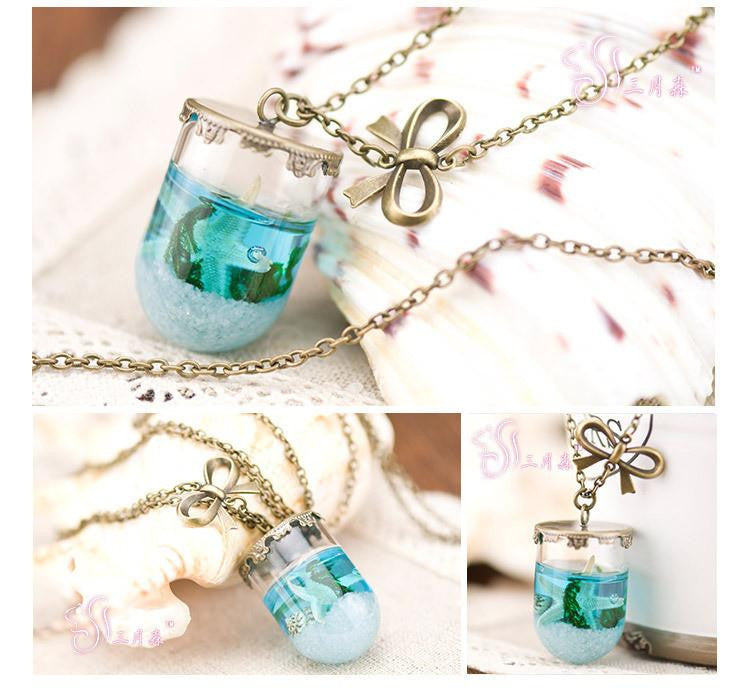 Blue Sea Glass Bottle Necklace - WikiWii