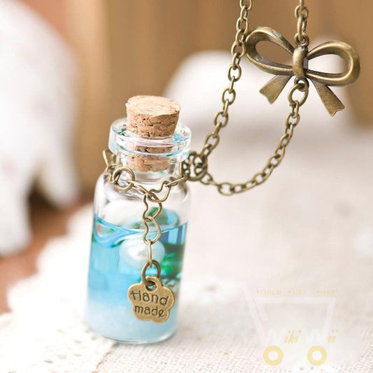 Blue Sea Glass Bottle Necklace - WikiWii