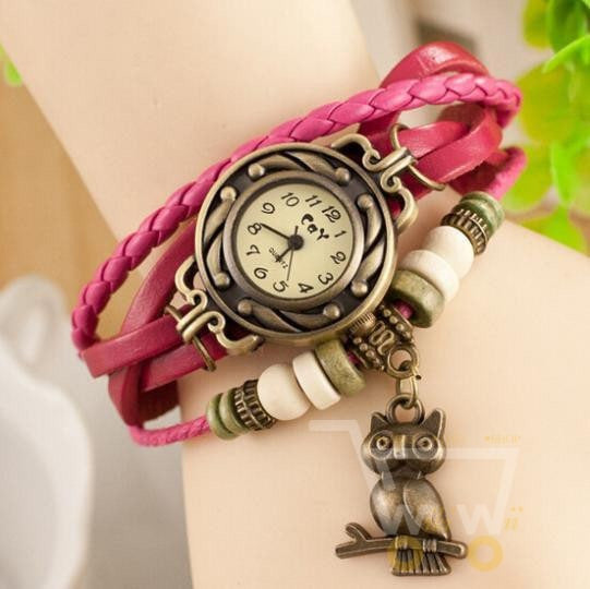 Bronze Ladies Quartz Owl Wooden Bead Bracelet Clock With 8 Colors - WikiWii