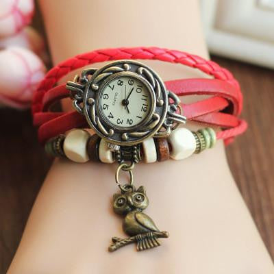 Bronze Ladies Quartz Owl Wooden Bead Bracelet Clock With 8 Colors - WikiWii