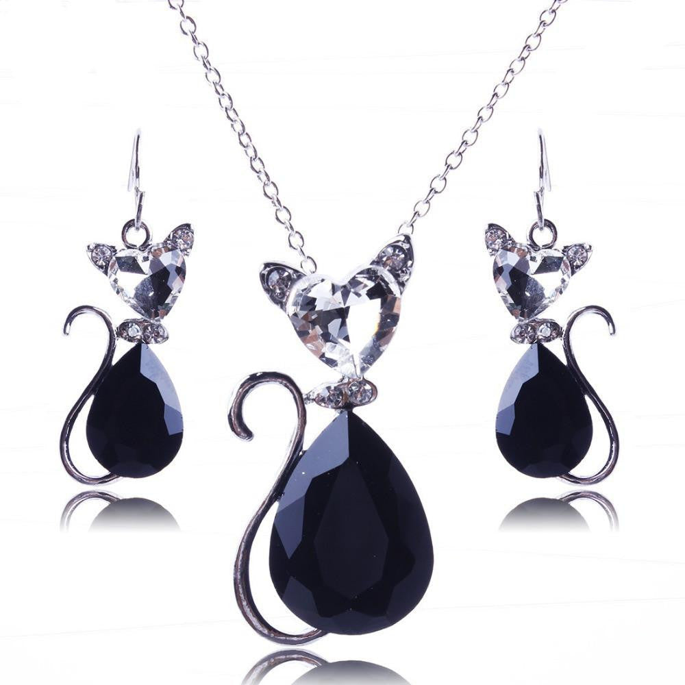 cat Crystal Silver 3 Colors Pendant Necklace and Earrings - WikiWii