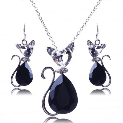 cat Crystal Silver 3 Colors Pendant Necklace and Earrings - WikiWii