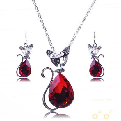 cat Crystal Silver 3 Colors Pendant Necklace and Earrings - WikiWii