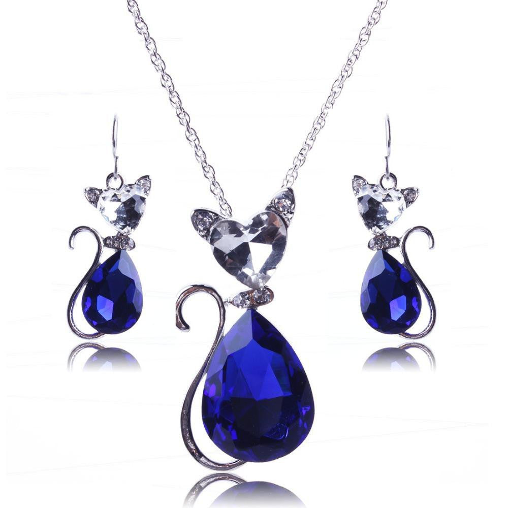 cat Crystal Silver 3 Colors Pendant Necklace and Earrings - WikiWii