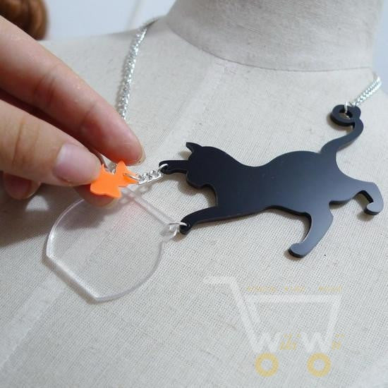 Cat & Fishing Pendant Necklace - WikiWii