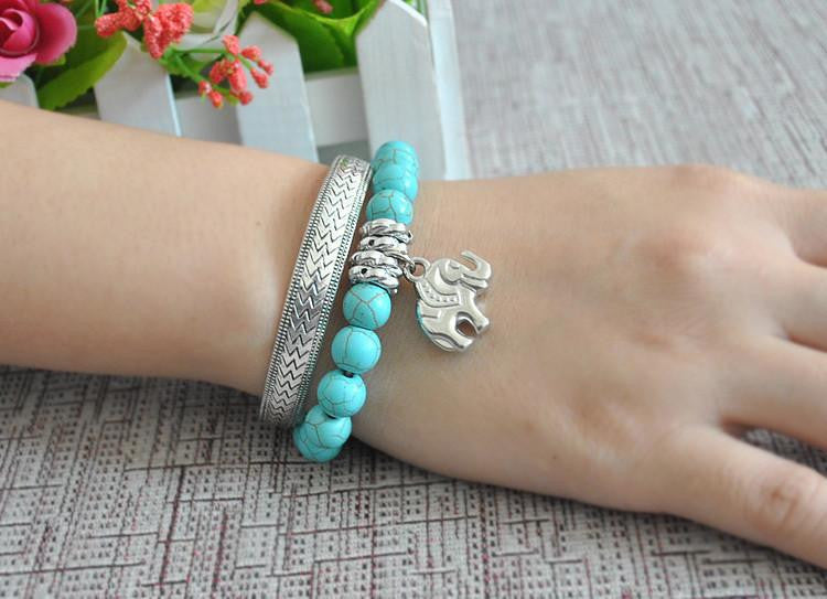 Classic Ethnic Turquoise Silver Elephant Bracelets - WikiWii